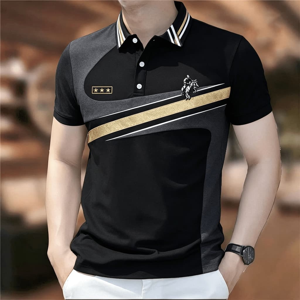 Masculino Preto Cinza Cor Bloco Listra Dourada Polo Cavalo Bordado Estrela Etiqueta Lapela Top