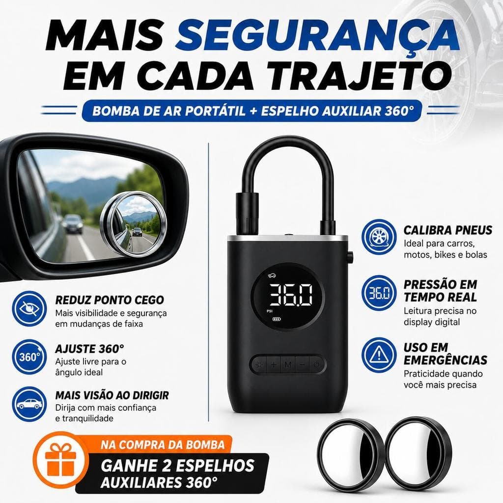 Mini Compressor de Ar Digital Portátil Calibrador de Pneus para Carro Moto Bike e Bola + 2 Espelhos 360°