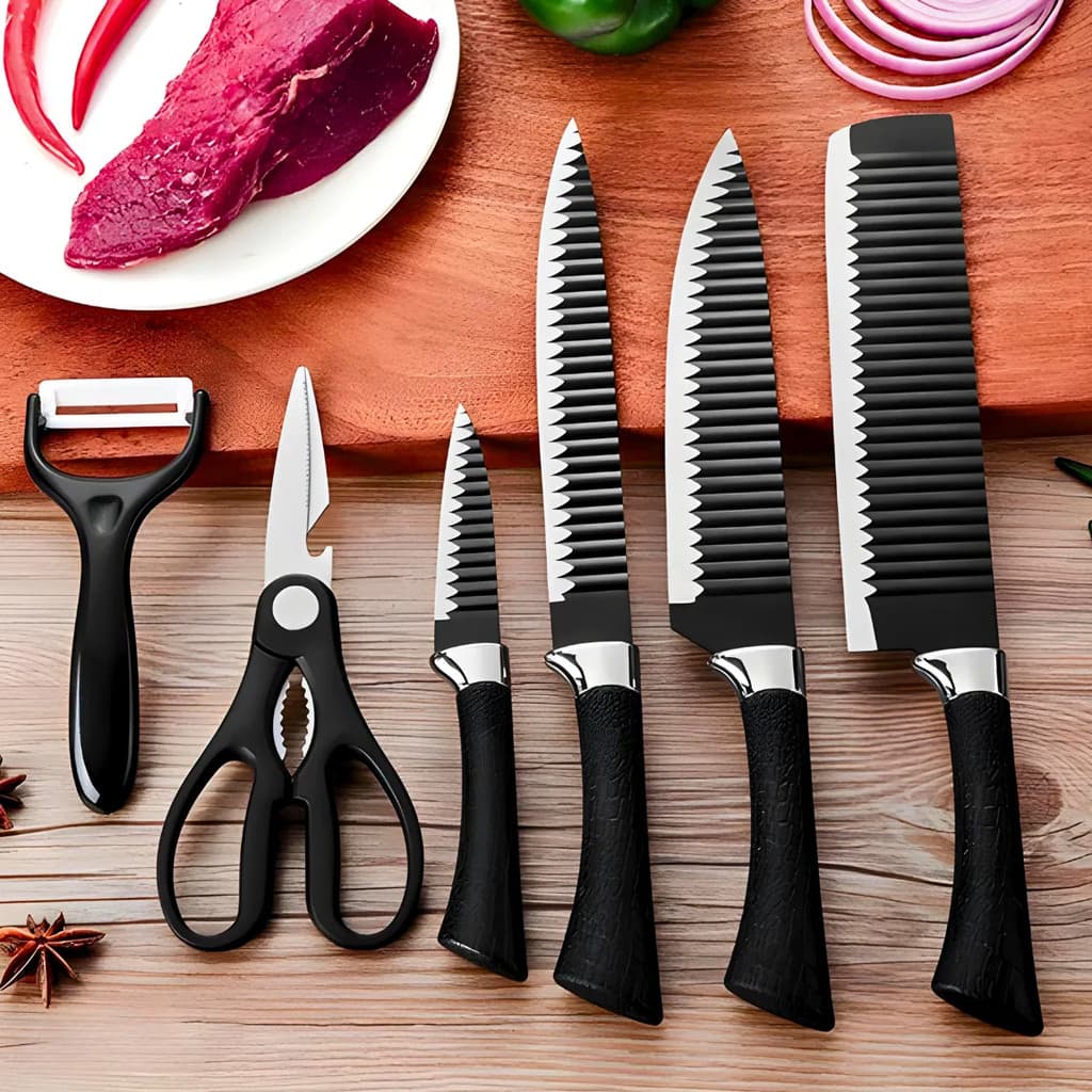 Jogo de Facas para Churrasco e Cozinha 6 Peças com Revestimento Antiaderente, Kit de Facas Multiuso para Preparo e Corte