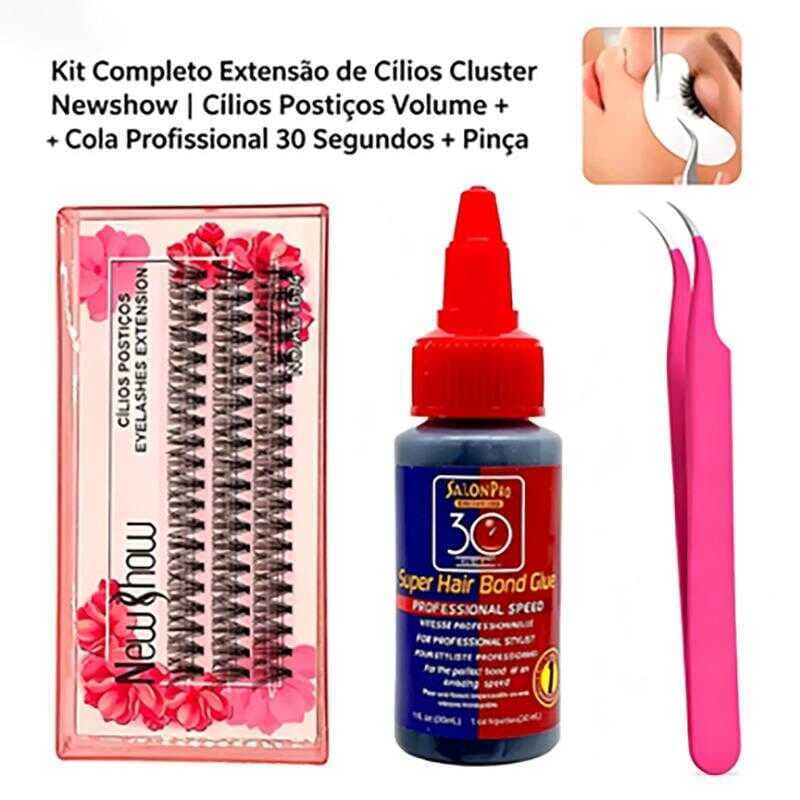 Kit Cílios New Show Flor 20p/30p/40p 8mm-14mm + Cola Salon Pro 30ml