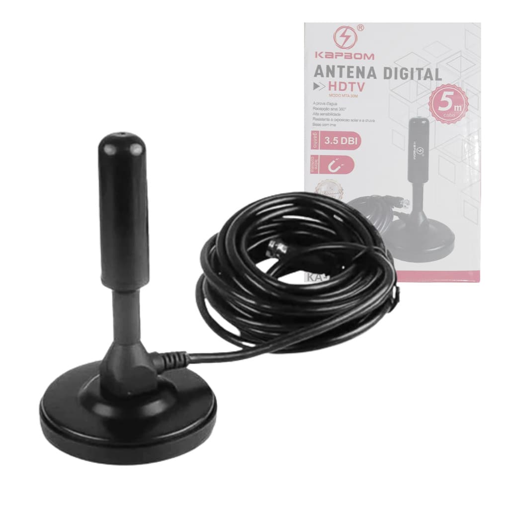 Antena Digital HDTV/UHF/VHF/FM Interna Cabo de 5 Metros Kapbom KA-1098