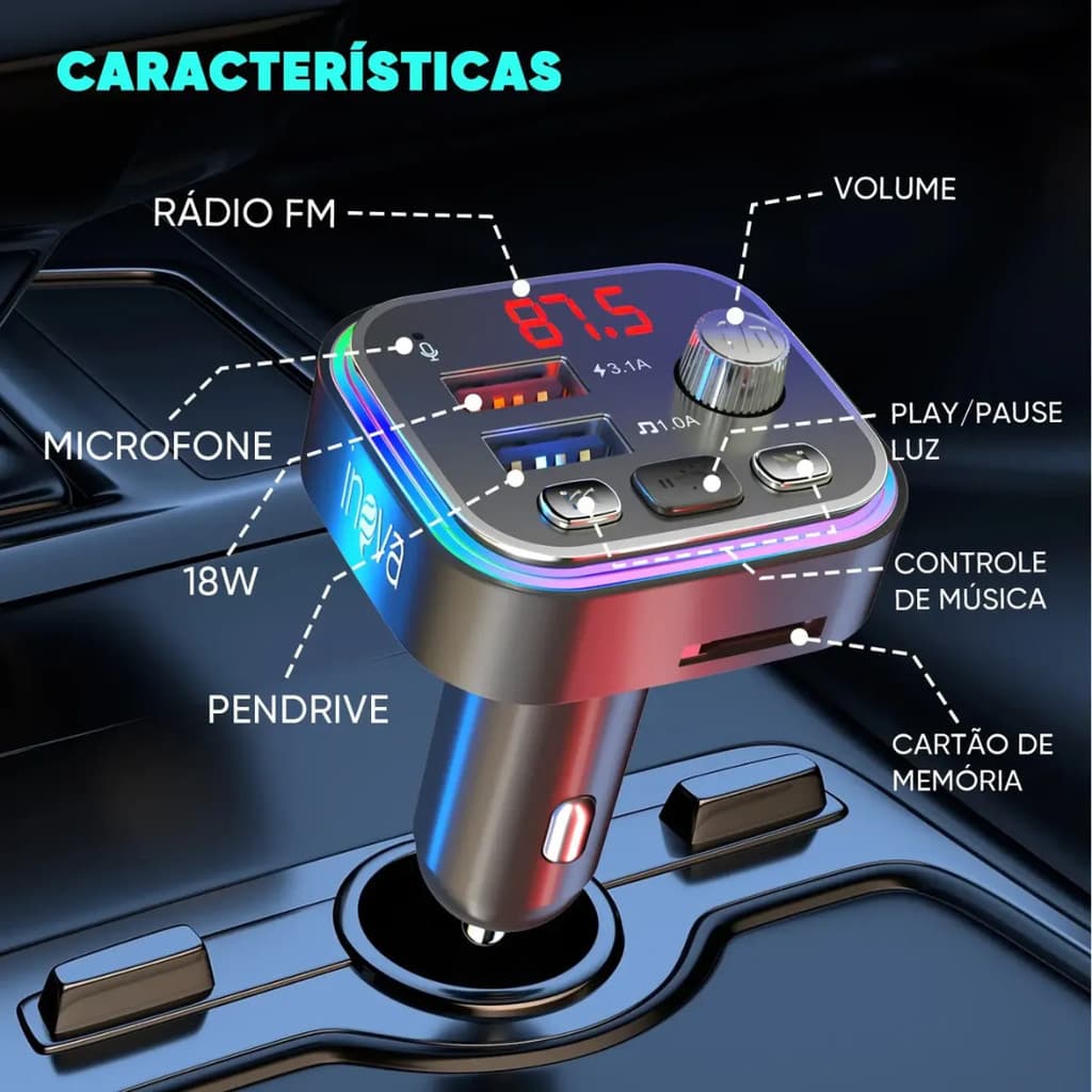 Carregador Transmissor Veicular MP3 Player Bluetooth 02 Portas USB INOVA CAR-3467