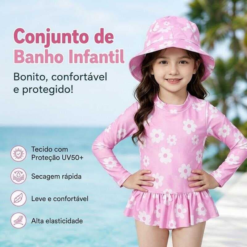 Conjunto maiô manga longa para menina com chapéu, proteção UV, estampa floral, roupa de praia infantil