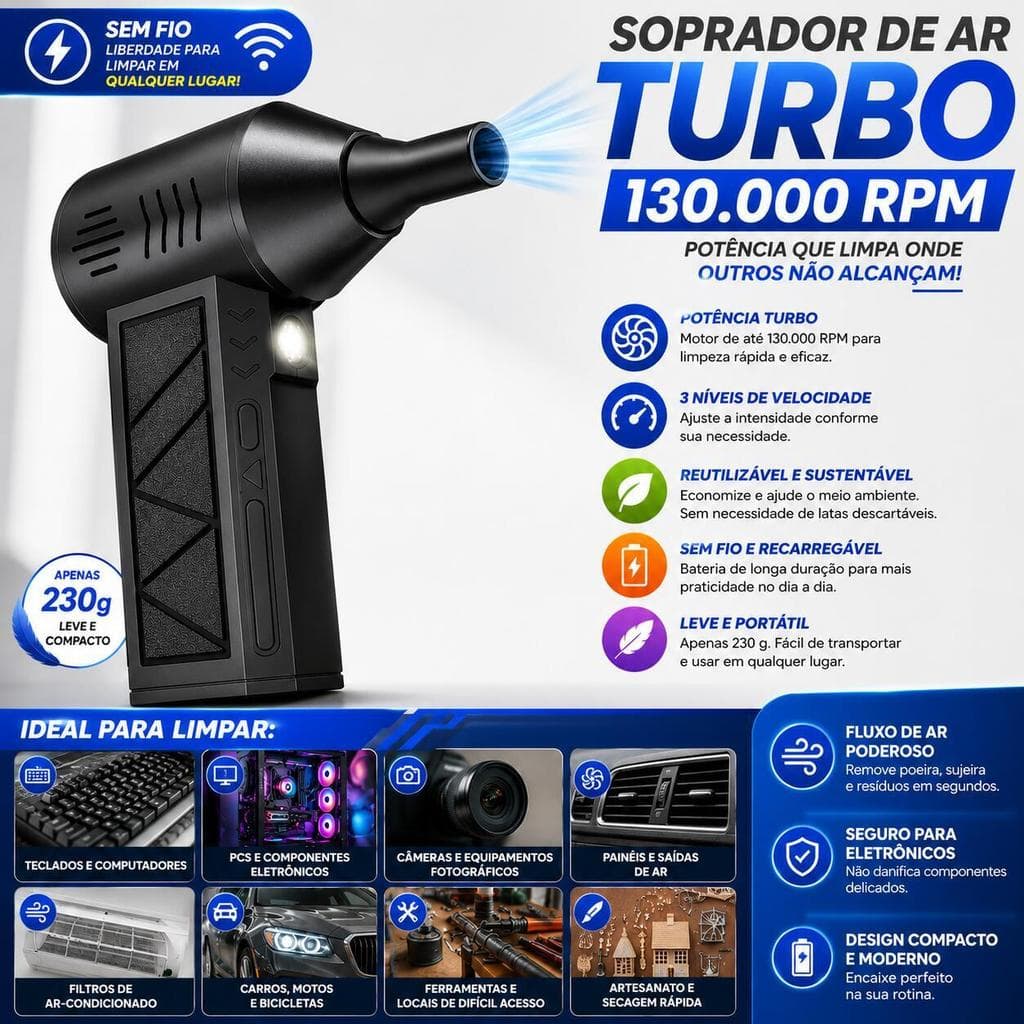 Ventilador Soprador De Ar Turbo 130000 Rpm Sem Fio Portátil