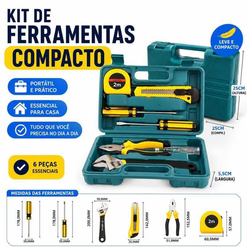 Kit Ferramentas 8 Peças com Maleta Alicate Chaves Fenda e Philips Trena Testador Estilete Chave Inglesa