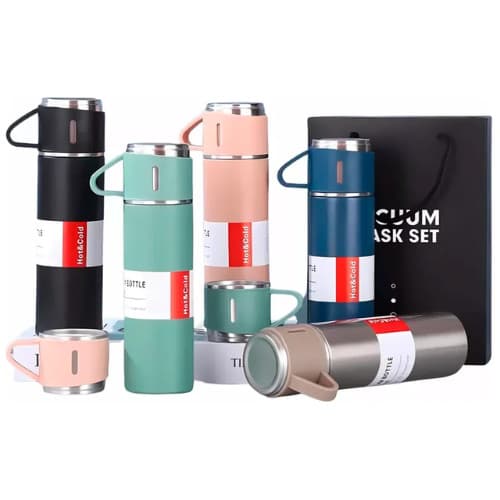 Kit Garrafa Térmica 500ml + 3 Xícaras em Aço Inoxidável  - sortidos