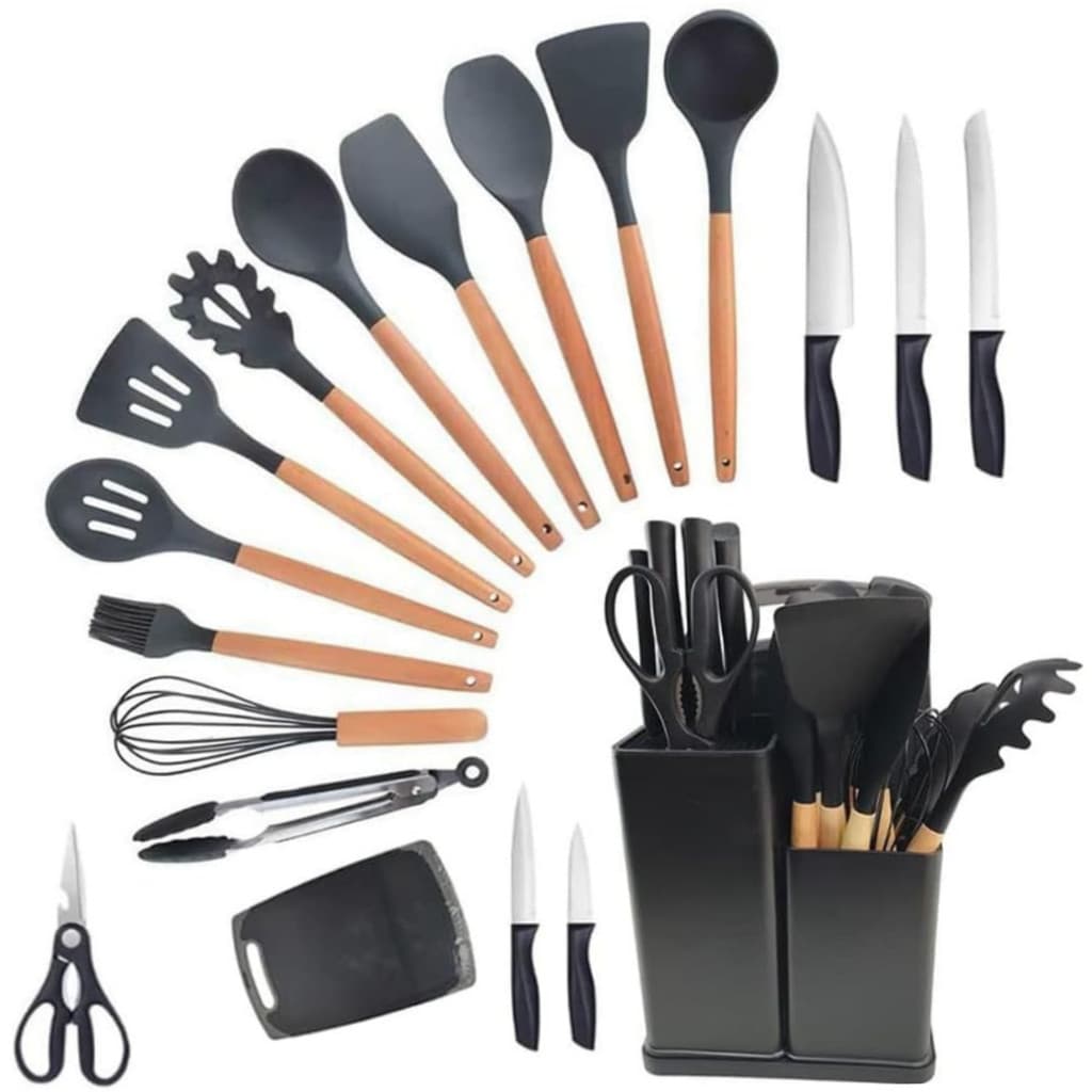 Conjunto de Utensílios de Cozinha Completo - 19 peças preto.