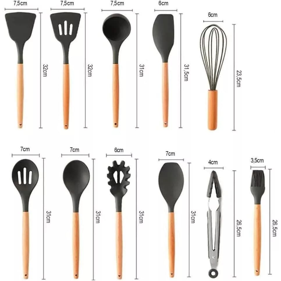 Conjunto de Utensílios de Cozinha 12Peças Cabo de Madeira  Silicone - Preto