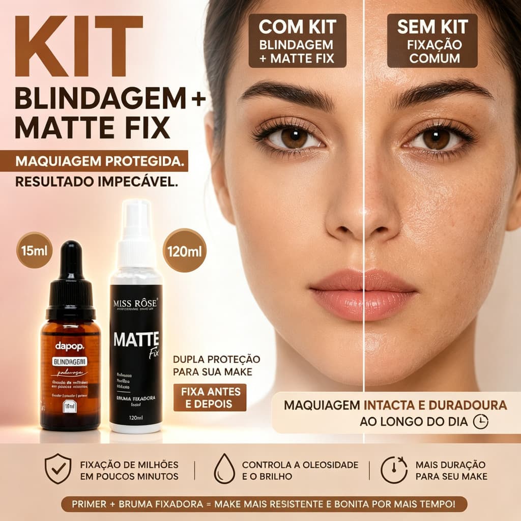 Kit Fixação com Blindagem Dapop + Bruma Fixadora Miss Rôse Matte – Maquiagem com Duração Prolongada