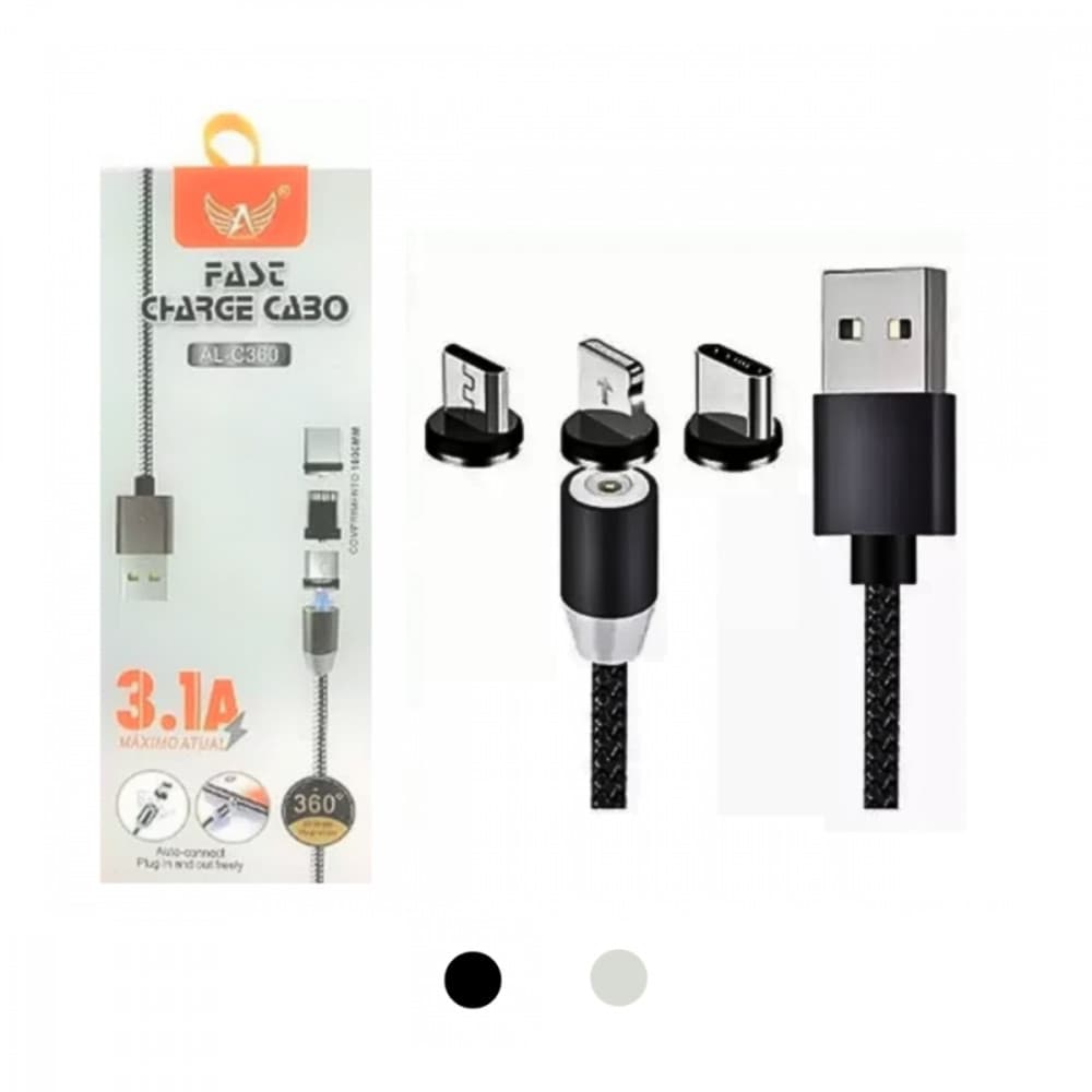 Cabo Carregador Magnético 3 em1 3.1A V8 Tipo-C Lightning IOS