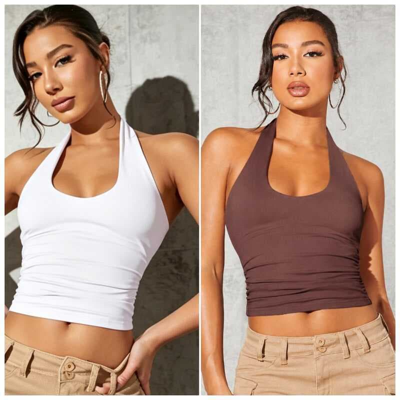 Kit 2 Cropped Regata Feminina Suplex Frente Única Gola Halter com Bojo Costas Abertas Regata Feminina Gola Alta Halter