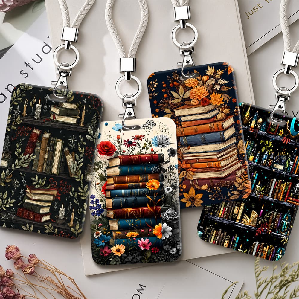 Escuro Academia Livros Vintage Floral ID Titular Do Cartão Cordão Empilhado Livro Impressão Crachá Capa Amante Literário