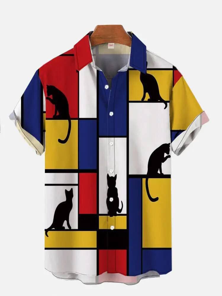 Camisa Casual Estampada De Gato Fofo Masculino , Roupa Diária , Impressão 3D , Clássica , Manga Curta , Camisas Havaiana