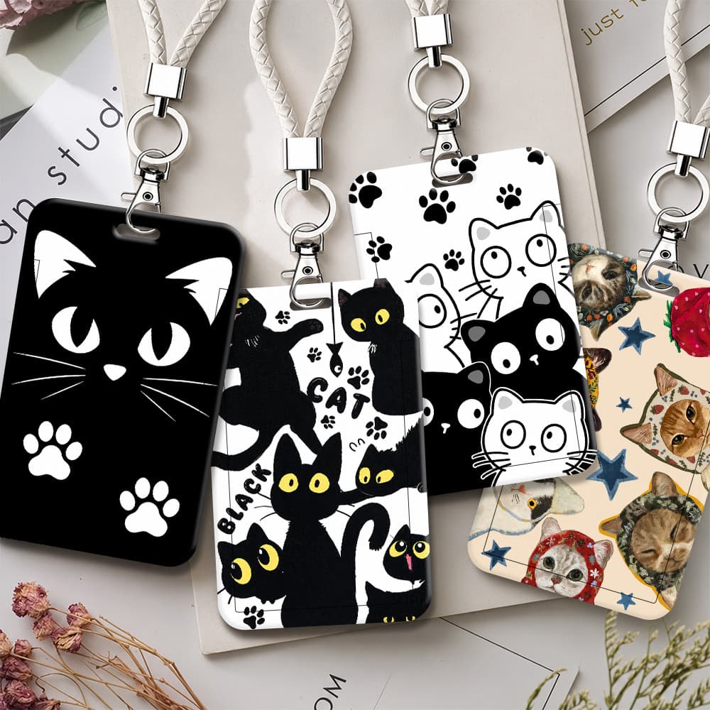 Porta-Crachá De Identificação De Plástico Com Estampa De Gato Fofo Cordão Para Cartão Escolar , Passagem De Trabalho De