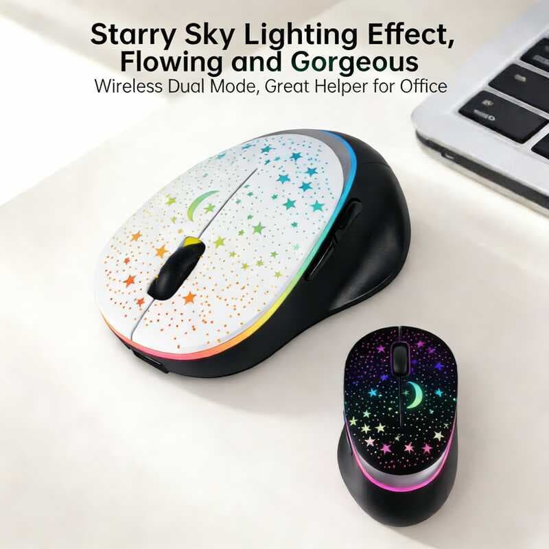 2.4G + Dual Bluetooth Mouse Sem Fio Tri Mode RGB Retroiluminado Recarregável Estrelado Brilhante Para Computador Laptop