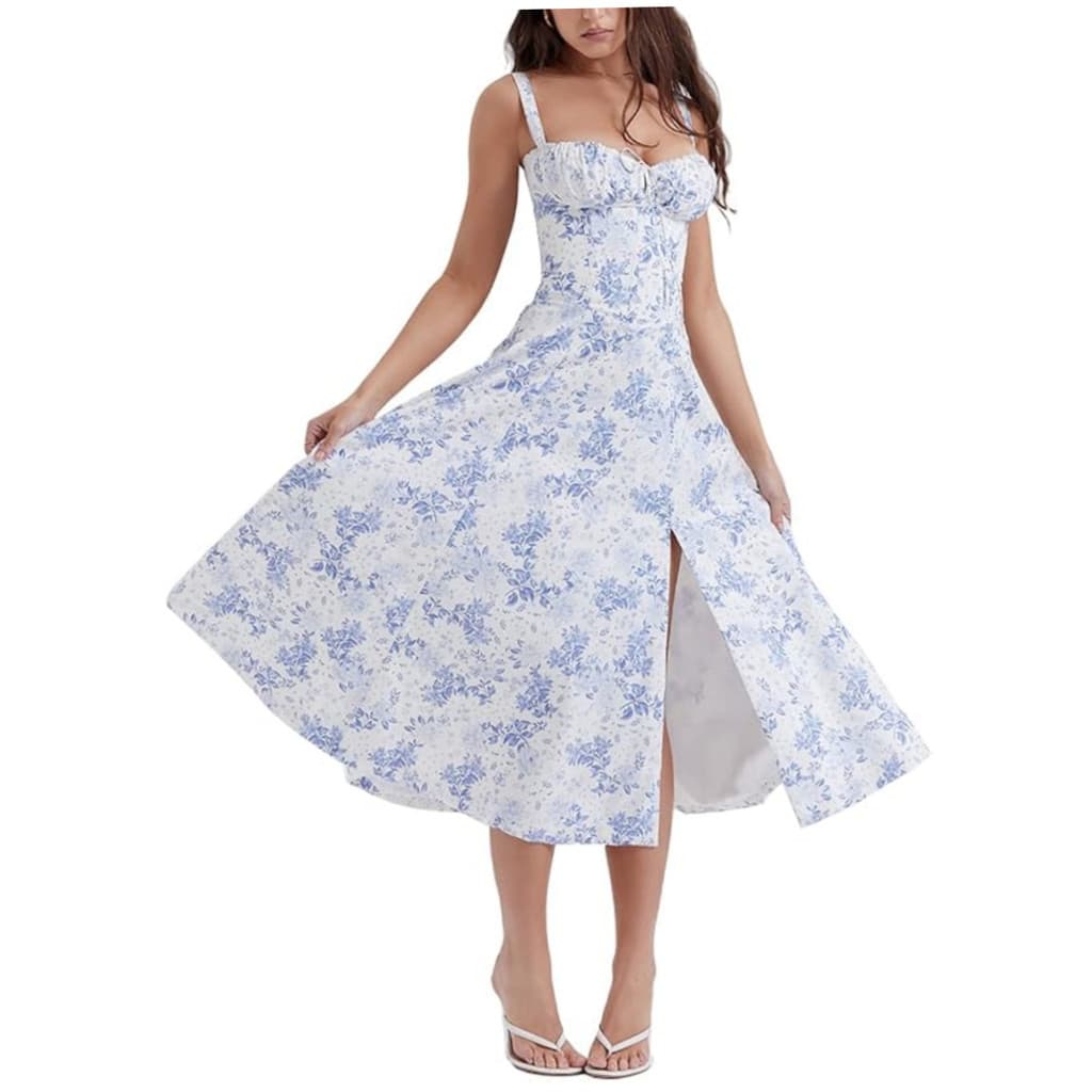 Branco e Azul - G - Vestido midi flor alça fina