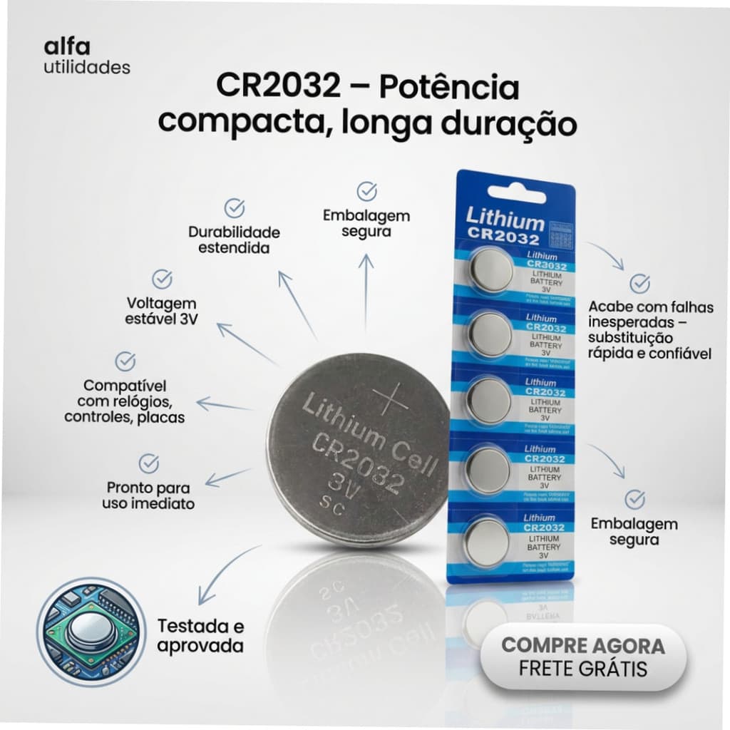 Bateria CR2032 Lítio 3V Cartela 5 Unidades