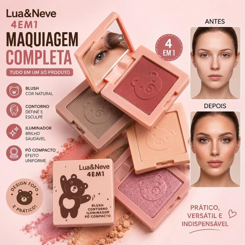 Paleta Facial Lua&Neve LN02460 4 em 1 com Blush Contorno Iluminador e Pó de Acabamento Natural