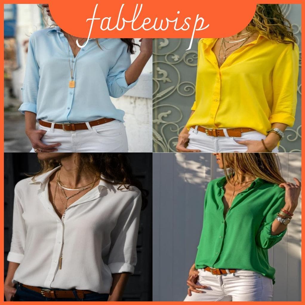 Camisa Feminina De Chiffon Com Botão E Decote Em V De Manga Comprida Poliéster De Algodão Para Estilo Profissional