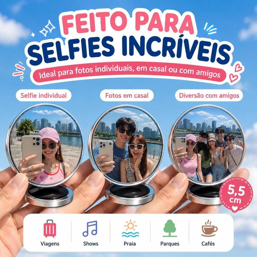 Espelho Convexo 360° 5,5cm – Prático e Portátil para Selfie, Viagem e Fotos Criativas