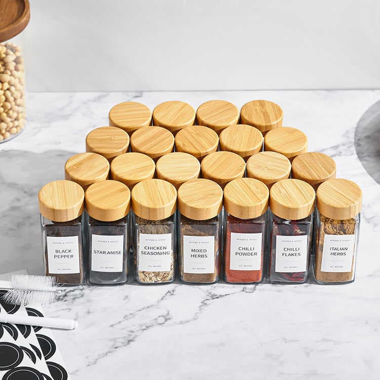 Conjunto de 12 peças com tampa de bambu, garrafa de tempero de vidro sem chumbo, garrafa de especiarias, pimenta porosa,