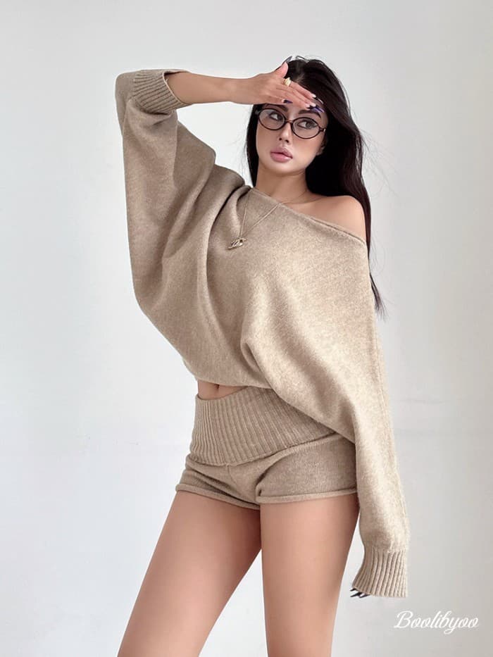 Boolibyoo suéter de um ombro feminino solto Top Pit Strip Design Shorts terno de duas peças