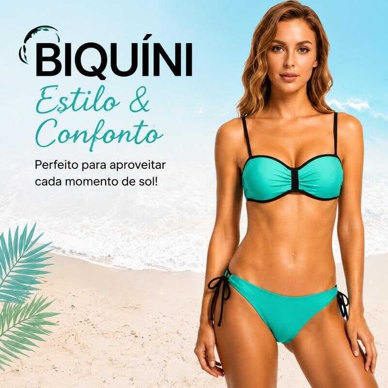 Biquíni Feminino Conjunto Duas Peças Alças Finas Amarração Lateral Traje de Banho Moda Praia Verão`