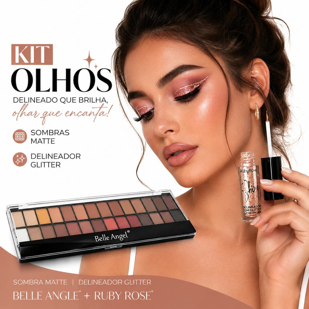 Kit Ruby Rose Olhos + Belle Angel Paleta Matte e Delineador Glitter para Diferentes Looks