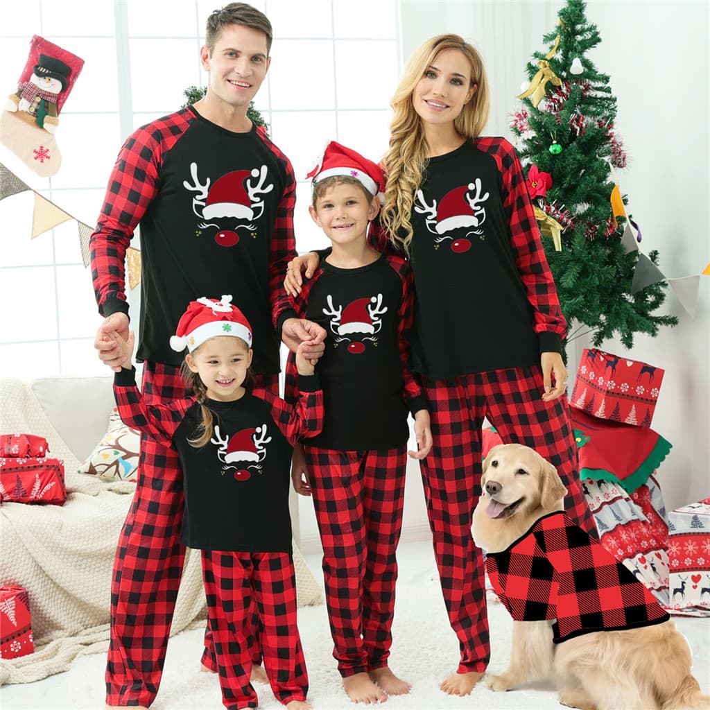 Novo Em Branco Xadrez Impressão Pijamas De Natal Conjunto Para A Família Manga Cheia O Pescoço 2 Peças Terno Adultos Cri