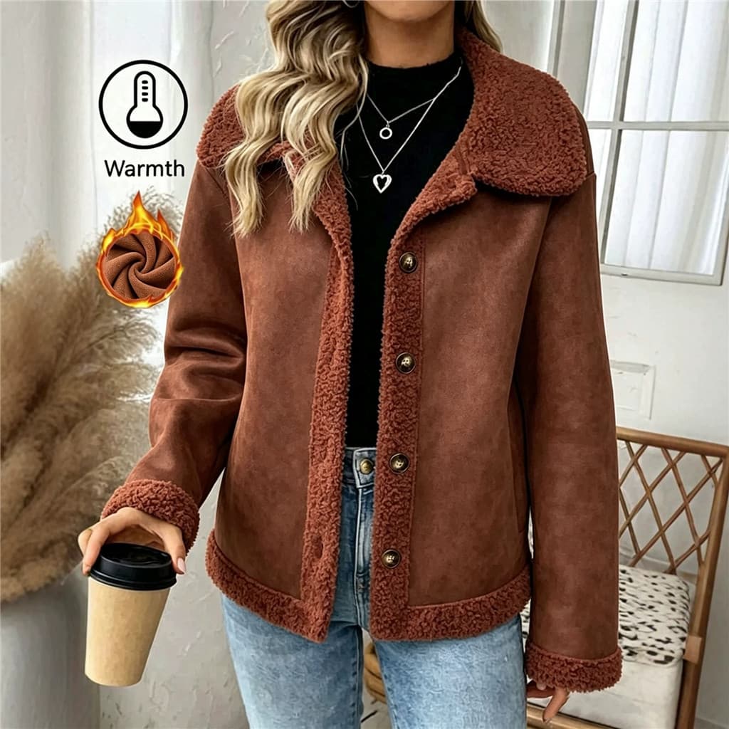 Outono inverno novo estilo camurça sintética jaqueta de lã de cordeiro único Breasted grande lapela velo quente jaqueta