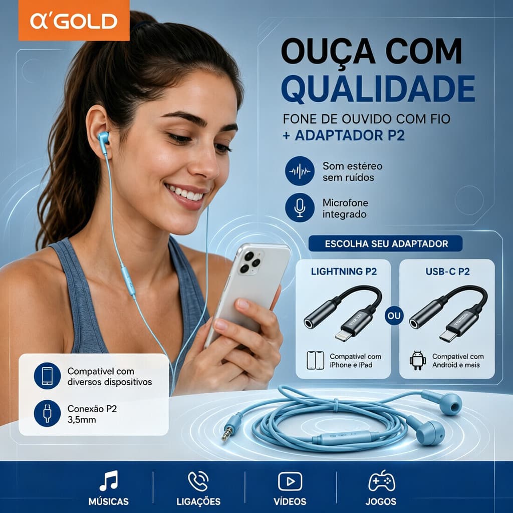 Kit A'GOLD Fone de Ouvido com Fio P2 e Adaptador Lightning ou USB-C – Para Smartphones e Tablets FN-A27+CBA-12/13
