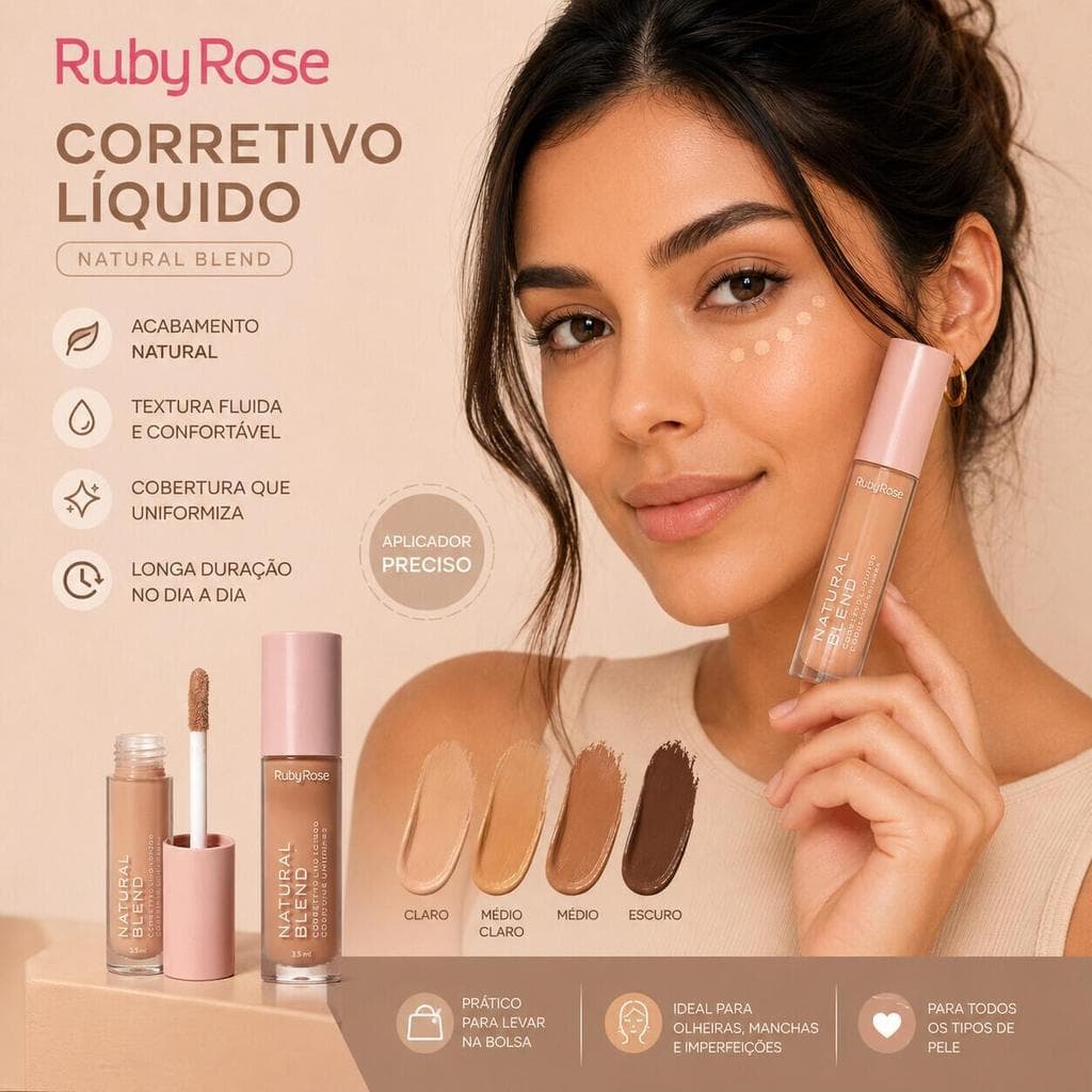 Corretivo Líquido Ruby Rose HB-M600 - Cobertura Suave e Textura Fluida para Uniformizar a Pele