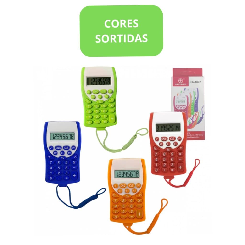 Mini Calculadora De Bolso Portatil Colorida 8 Digitos Com Cordao Escola Escritorio Kapbom KA-1872