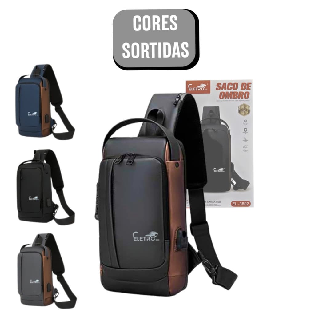 Mochila de Ombro Transversal Portátil Viagens com Trava Antifurto - (Cores Sortidas)