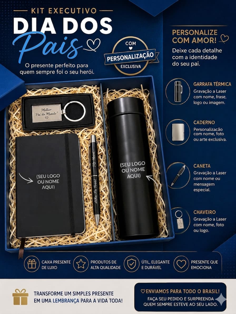 Kit Dia dos Pais Personalizado Garrafa Caneta Chaveiro