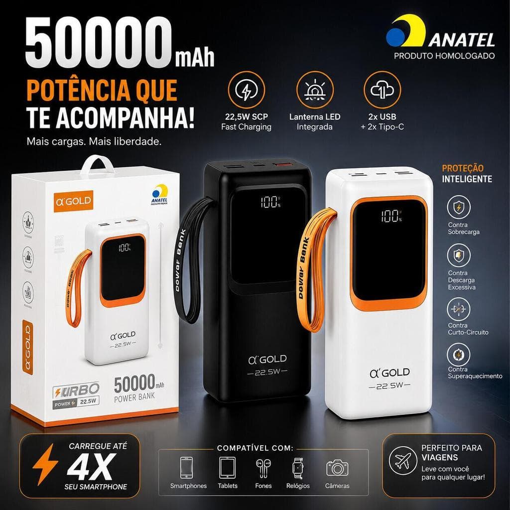 Power Bank Agold BTE-61 50000mAh PD 22.5W Dois Cabos Integrados Display LED e Carregamento Rápido
