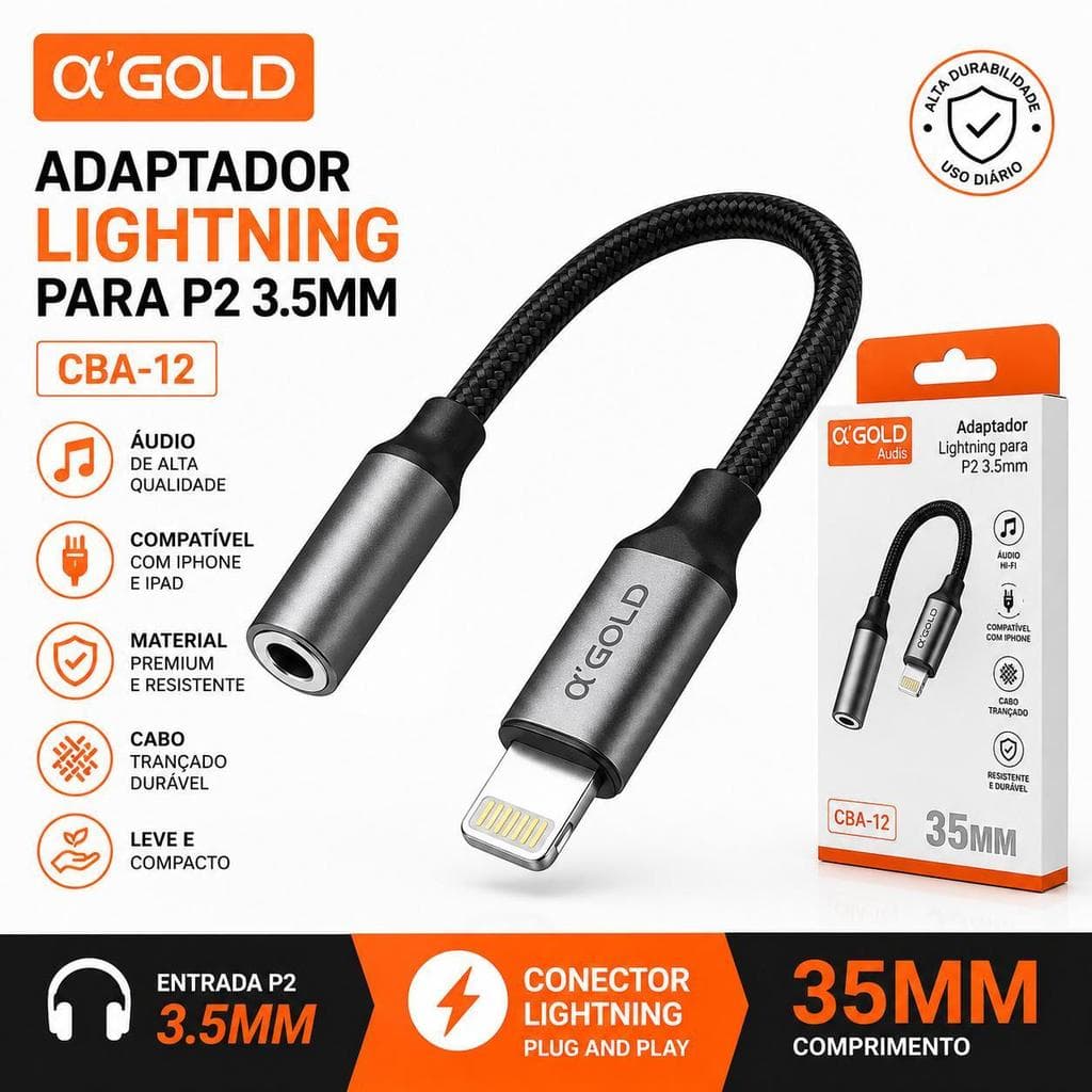 Adaptador de Áudio Lightning P2 3,5mm A'GOLD CBA-12 Original para iPhone com Som Estável