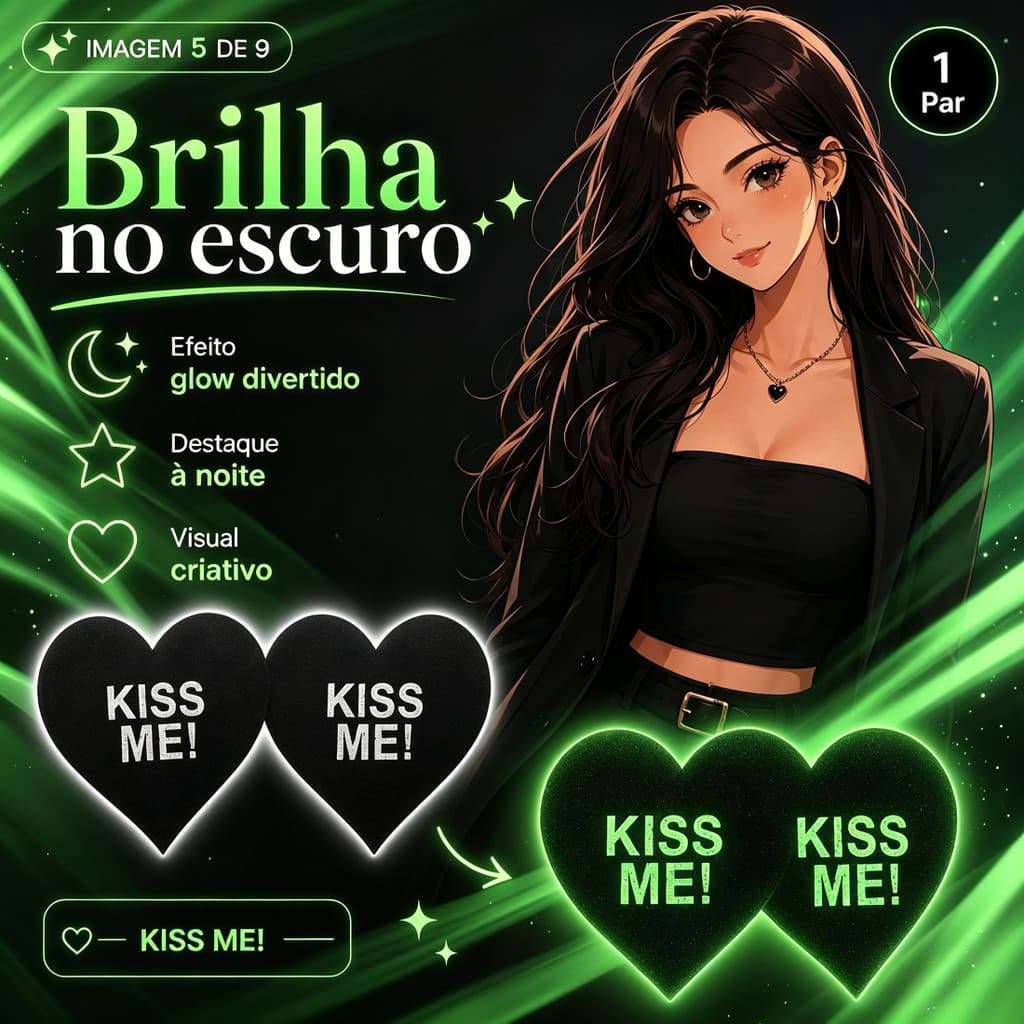 Tapa Seio Glow Coração , Adesivo Mamilo Preto que Brilha na Escuridão para Festa e Carnaval
