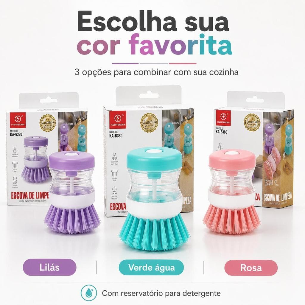 Escova Dispenser de Detergente com Embalagem, Botão de Pressão e 3 Opções de Cor