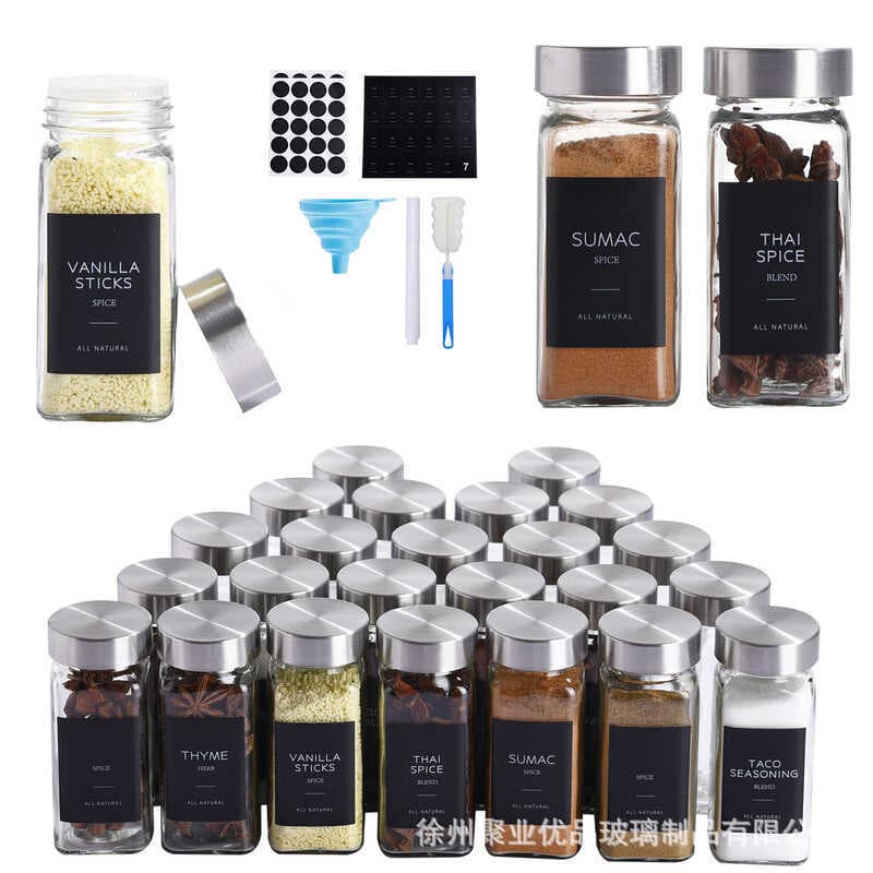 Conjunto de garrafa de tempero quadrada de 120ml, tampa de aço inoxidável, garrafa de tempero de vidro de cozinha, frasc