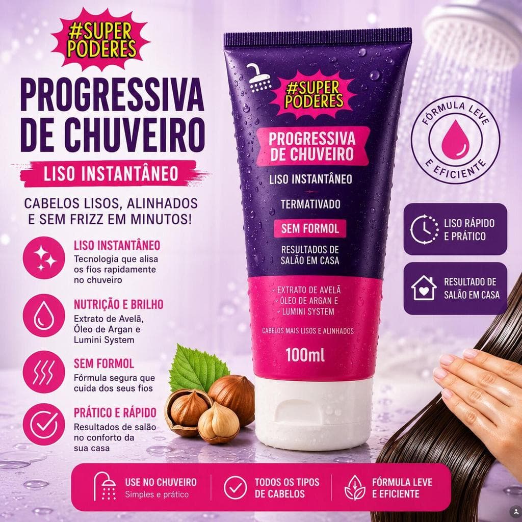 Progressiva no Chuveiro Super Poderes 100ml Sem Formol para Reduzir o Volume e Alinhar os Fios