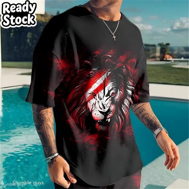 Verão Masculino Quente Oversized Retro T Solto Manga Curta Respirável Tecido Macio Tamanho Grande Esportes 3D De Streetw