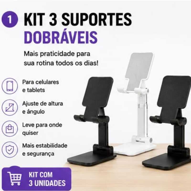Kit 3 Suportes Dobráveis Celular Tablet de Mesa Ajustável Base Portátil Smartphone Suporte Ergonômico para