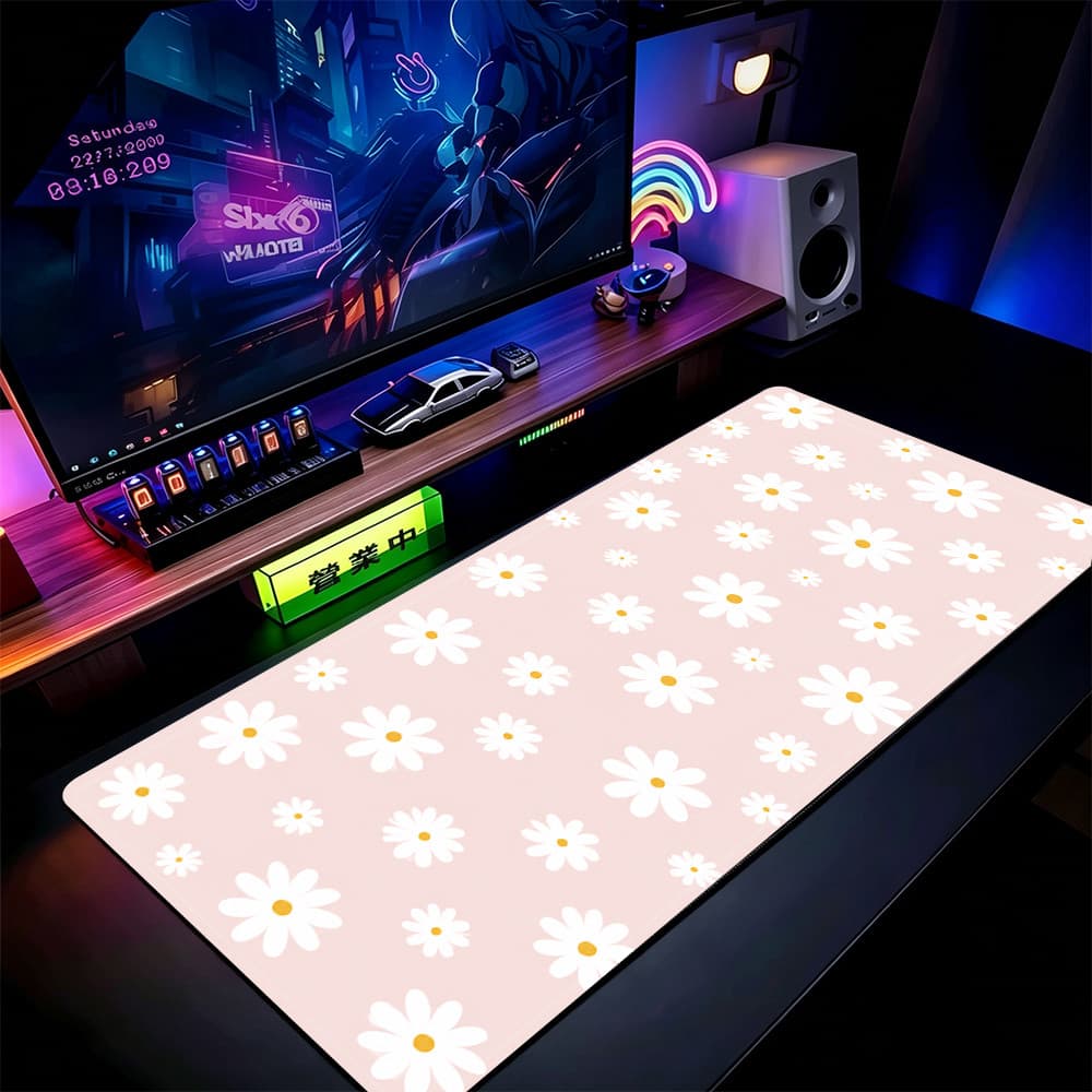 Tapete De Rato Rosa Margarida Branca 80x30cm Mesa Estendido Para Jogos Com Base Antiderrapante E Bordas Costuradas