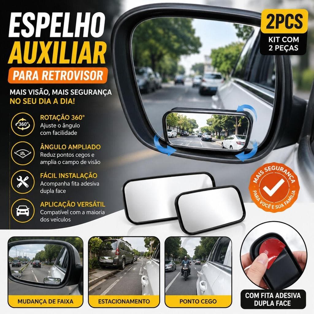 Kit 2 Retrovisores Segurança 3R-059 - Visão 360°, Redução de Ponto Cego no Carro
