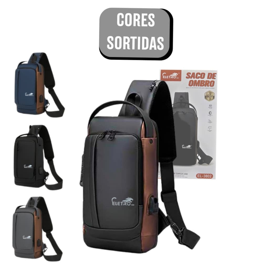 Mochila de Ombro Transversal Portátil Viagens com Trava Antifurto - (Cores Sortidas)