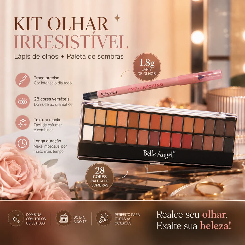 Kit Make Olhos Ruby Rose e Belle Angel – Lápis 1,8g + Paleta 28 Cores – Dia, Festa e Presente Ideal para Mulheres