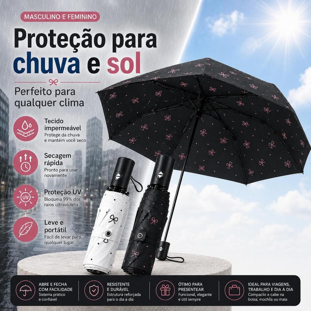 Guarda-Chuva Automático Dobrável Compacto com Estampa de Laços Branco ou Preto Portátil para Chuva e Sol