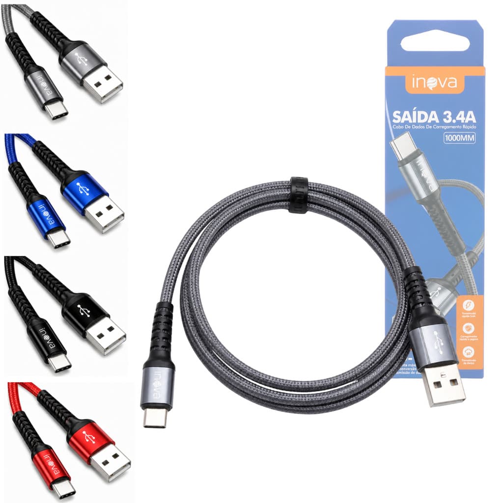 Cabo USB-A para USB-C 1 Metro 3,4A Trançado Reforçado INOVA MD-12465