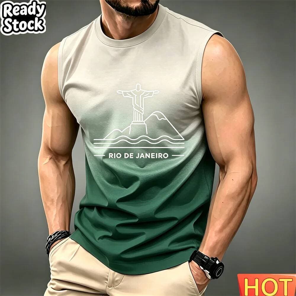 Verão Masculino Gradiente Sem Mangas Camiseta Respirável Casa Em Torno Do Pescoço Roupas Masculinas Lazer Esporte Sacerd